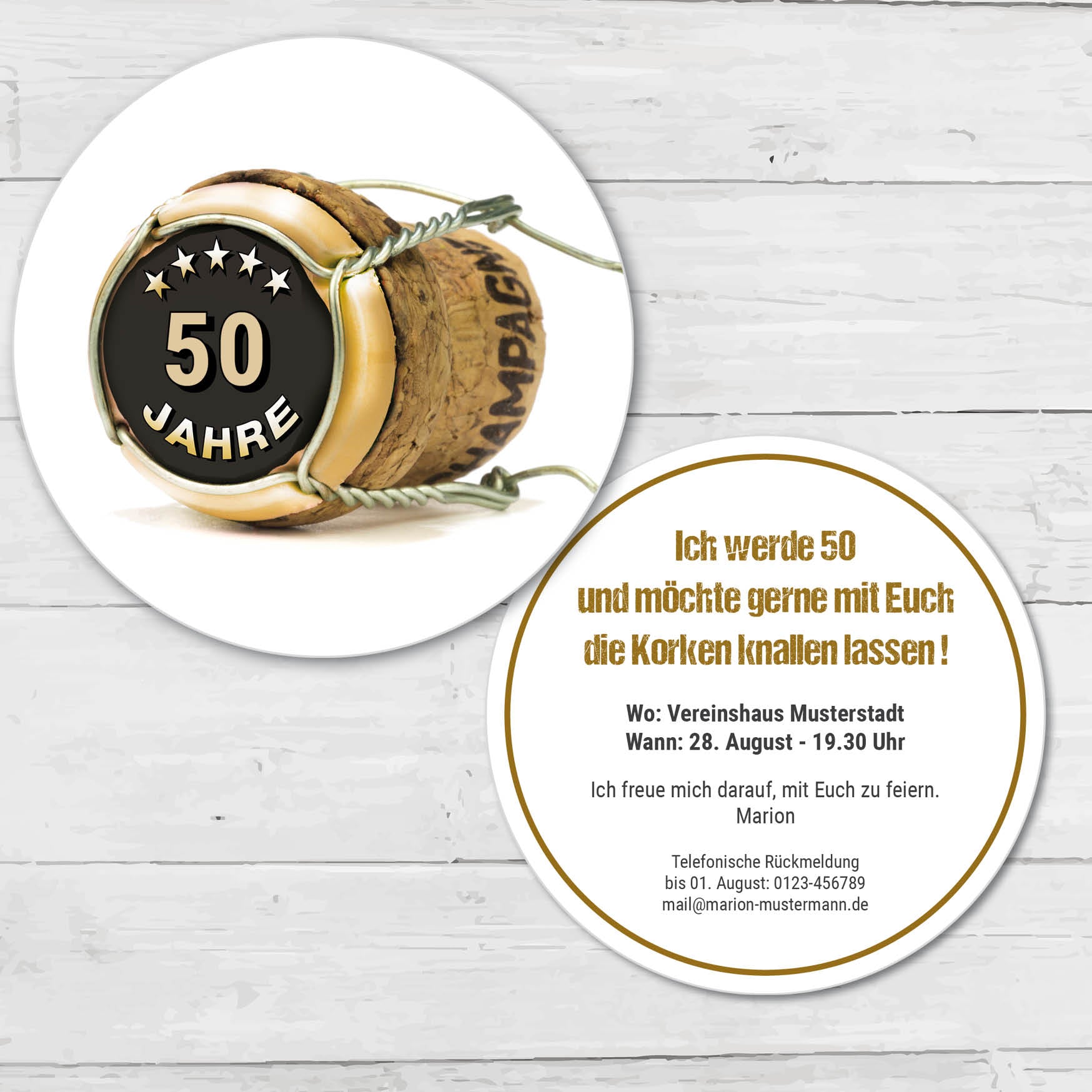 Bierdeckel Einladung zum 50. Geburtstag: Champagner Korken - Individuelle Einladung